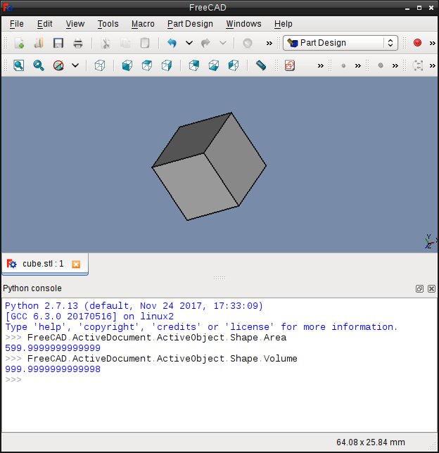 Using the Python console of FreeCAD to calcaulate area and volume of an object